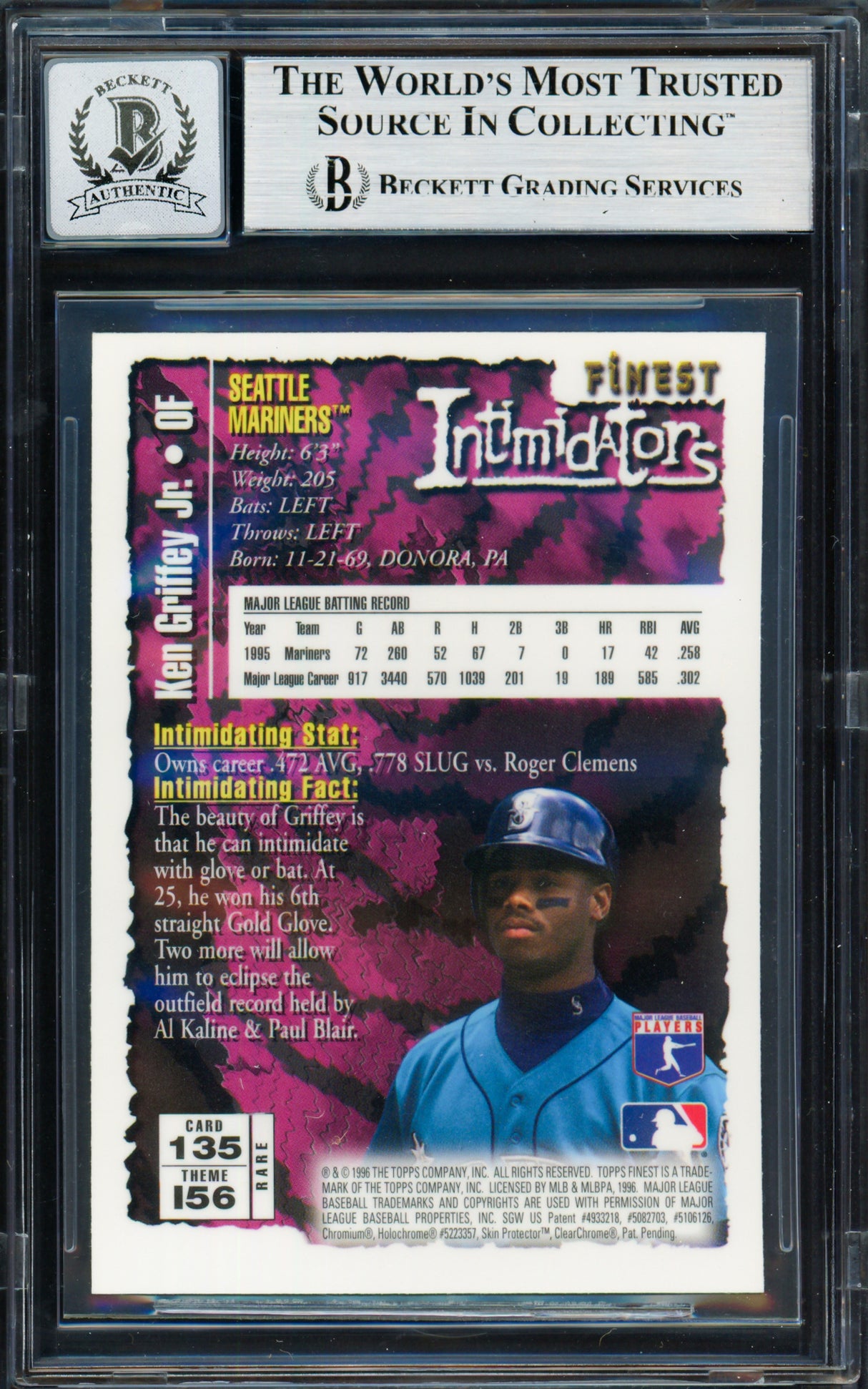 Ken Griffey Jr. Autographed 1996 Topps Finest Gold Intimidators Card #135 Seattle Mariners Auto Grade Gem Mint 10 Beckett BAS #19659429