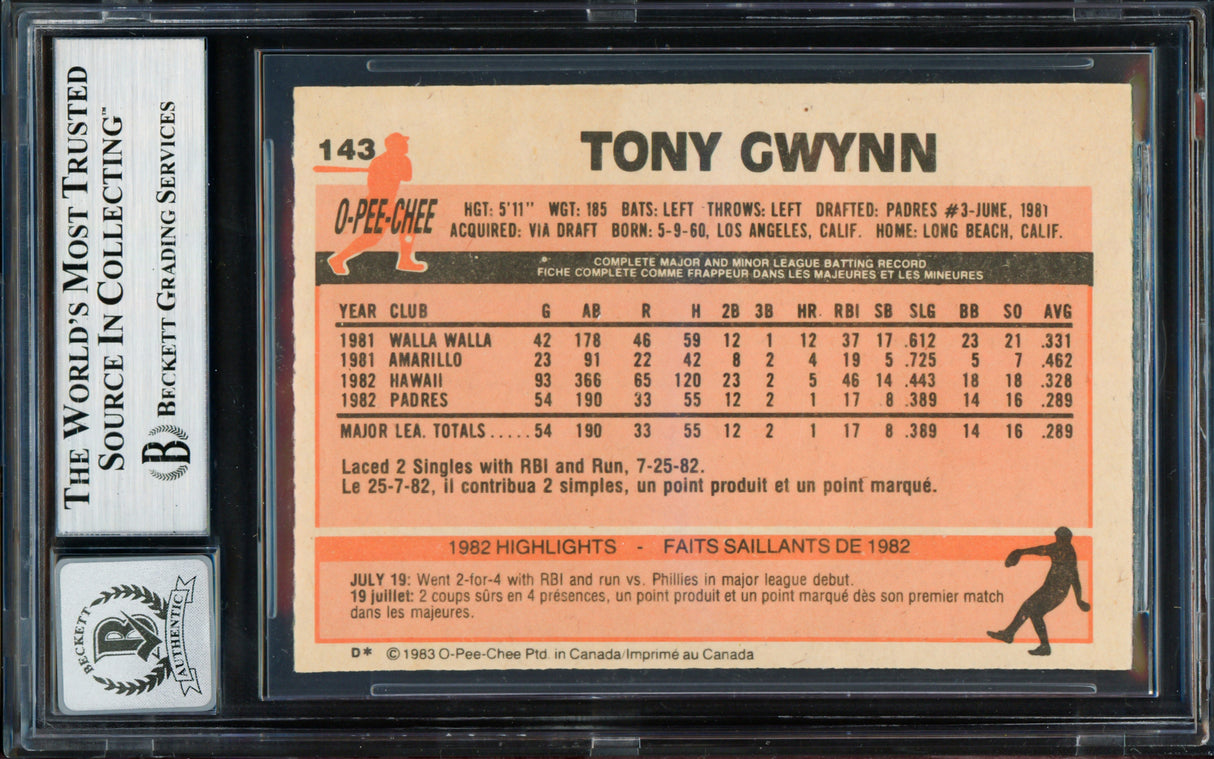 Tony Gwynn Autographed 1983 O Pee Chee Rookie Card #143 San Diego Padres Auto Grade Gem Mint 10 (Aftermarket Sticker) Beckett BAS #19658559