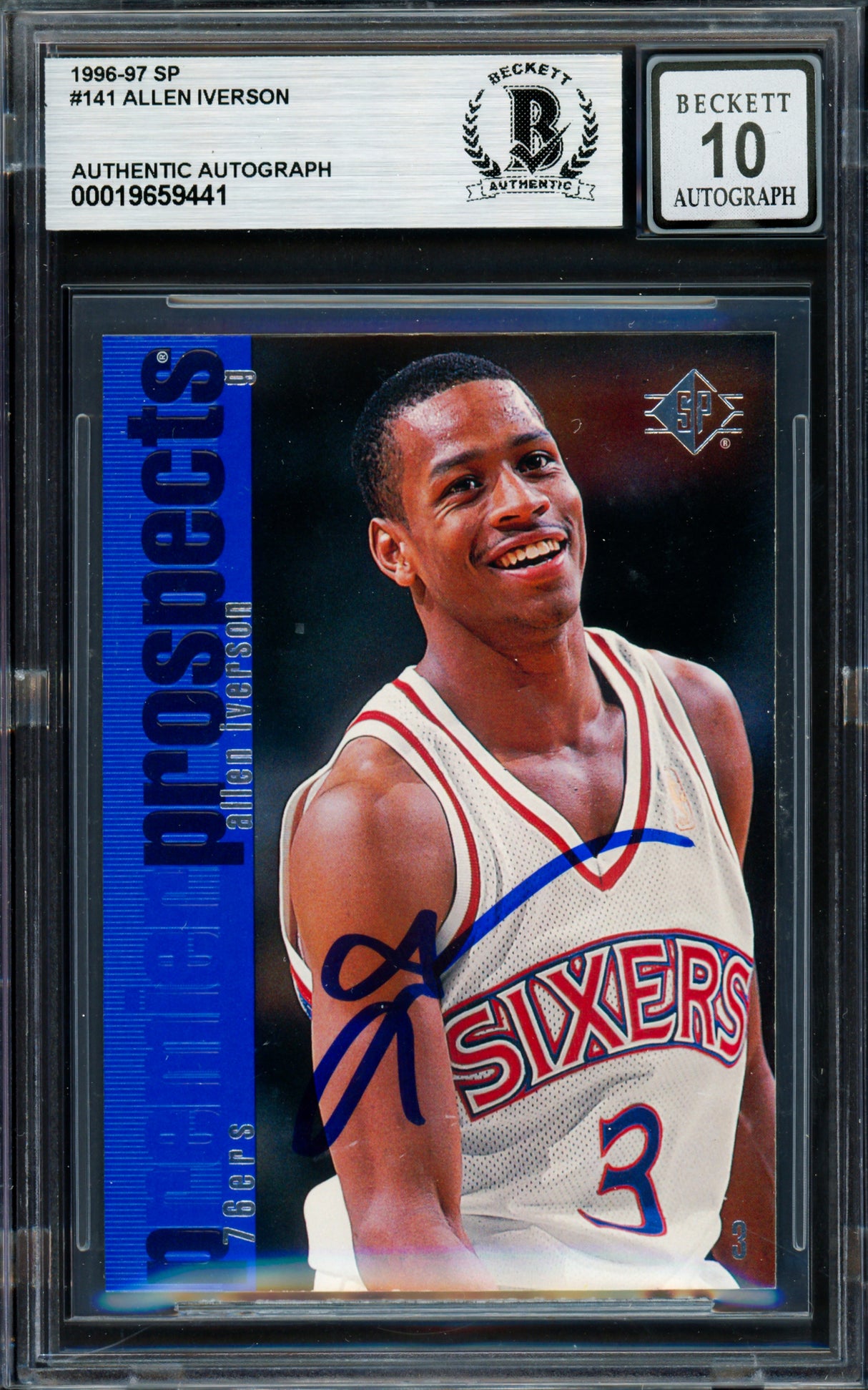 Allen Iverson Autographed 1996-97 Upper Deck SP Rookie Card #141 Philadelphia 76ers Auto Grade Gem Mint 10 Beckett BAS #19659441