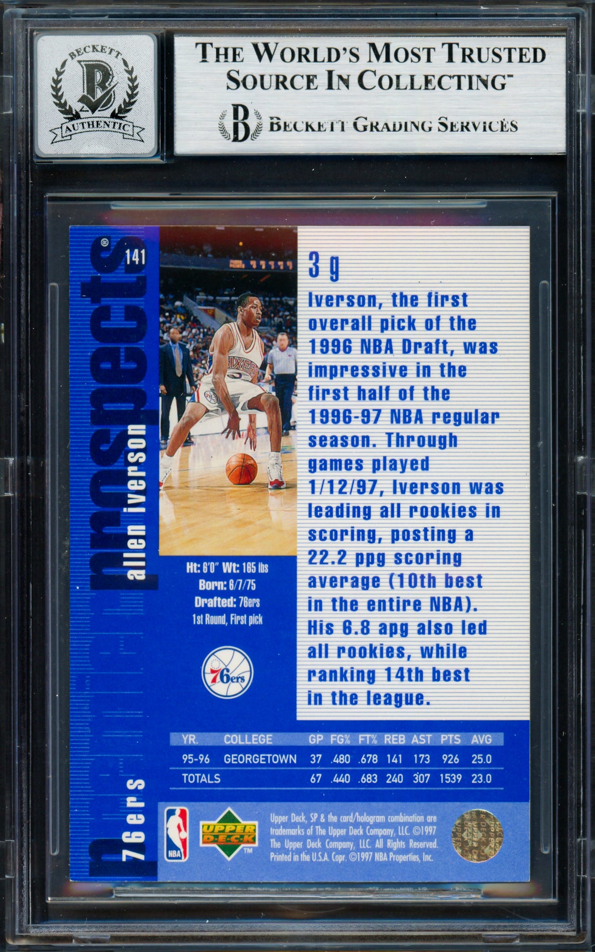 Allen Iverson Autographed 1996-97 Upper Deck SP Rookie Card #141 Philadelphia 76ers Auto Grade Gem Mint 10 Beckett BAS #19659441