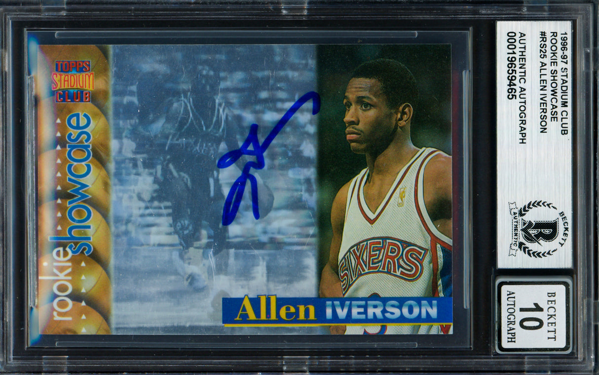 Allen Iverson Autographed 1996-97 Stadium Club Rookie Showcase Rookie Card #RS25 Philadelphia 76ers Auto Grade Gem Mint 10 Beckett BAS #19659465