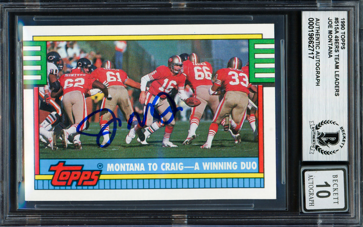 Joe Montana Autographed 1990 Topps Card #515 San Francisco 49ers Auto Grade Gem Mint 10 Beckett BAS #19662717