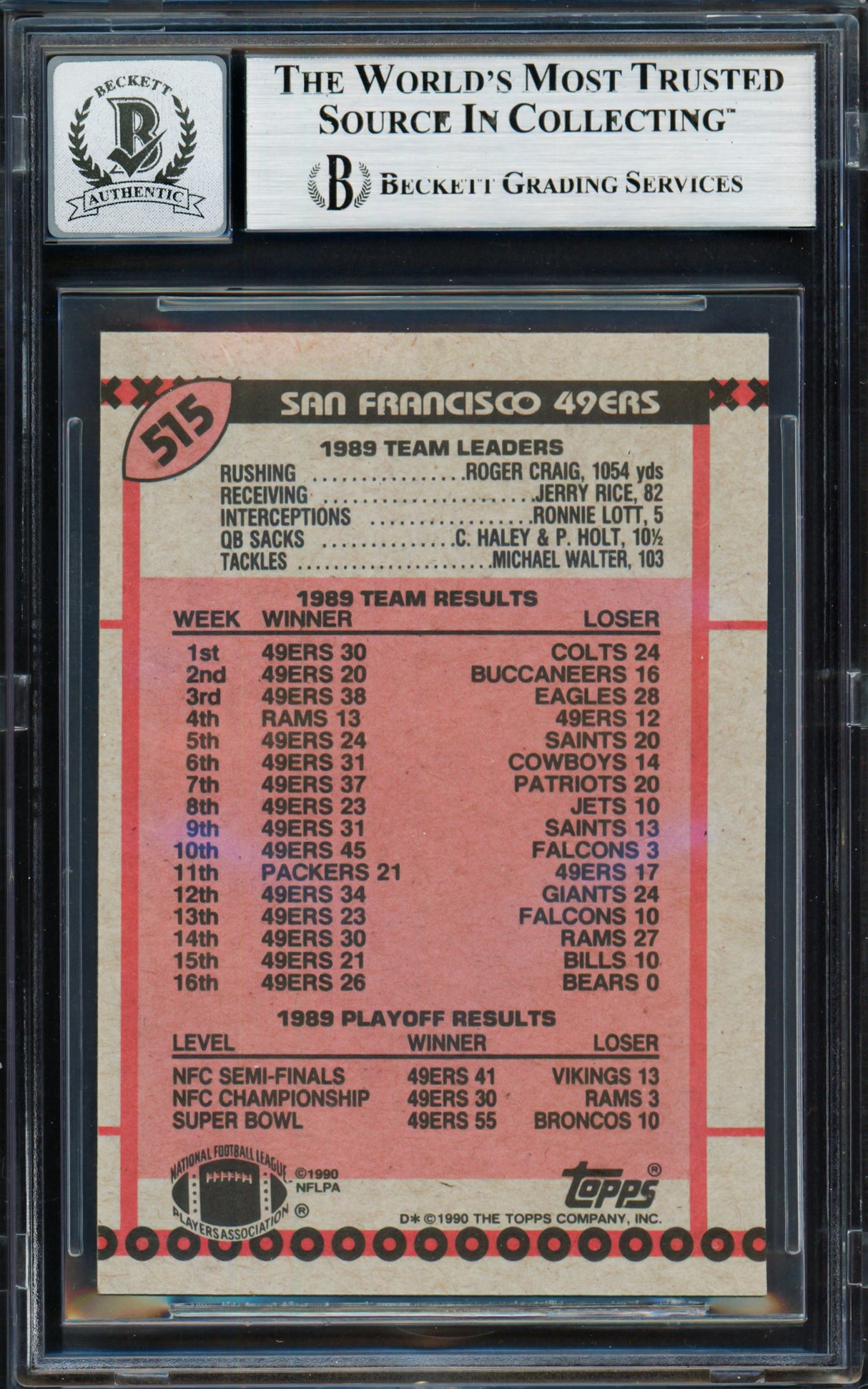 Joe Montana Autographed 1990 Topps Card #515 San Francisco 49ers Auto Grade Gem Mint 10 Beckett BAS #19662717