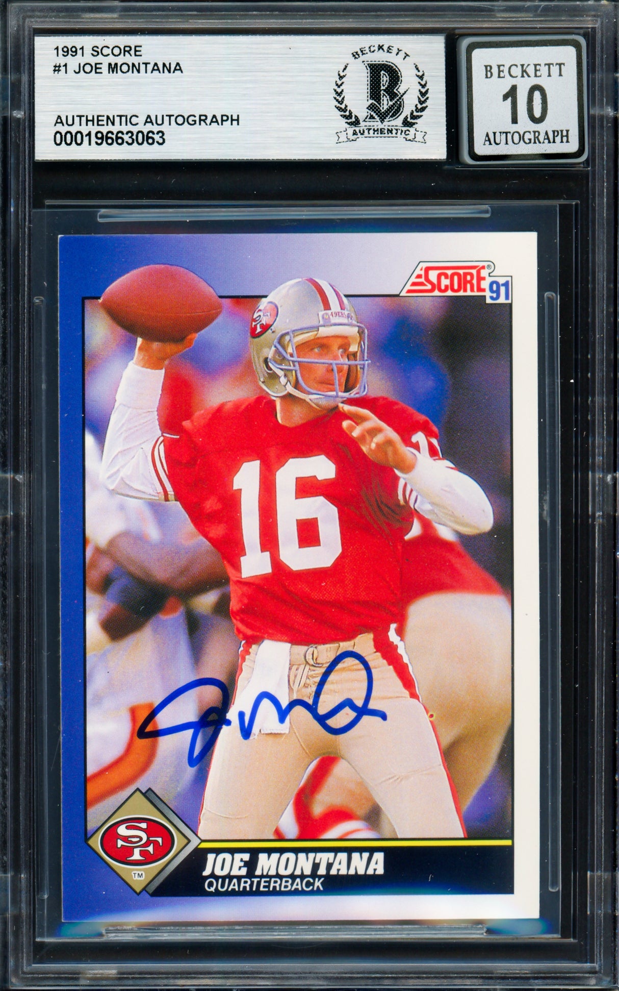 Joe Montana Autographed 1991 Score Card #1 San Francisco 49ers Auto Grade Gem Mint 10 Beckett BAS #19663063