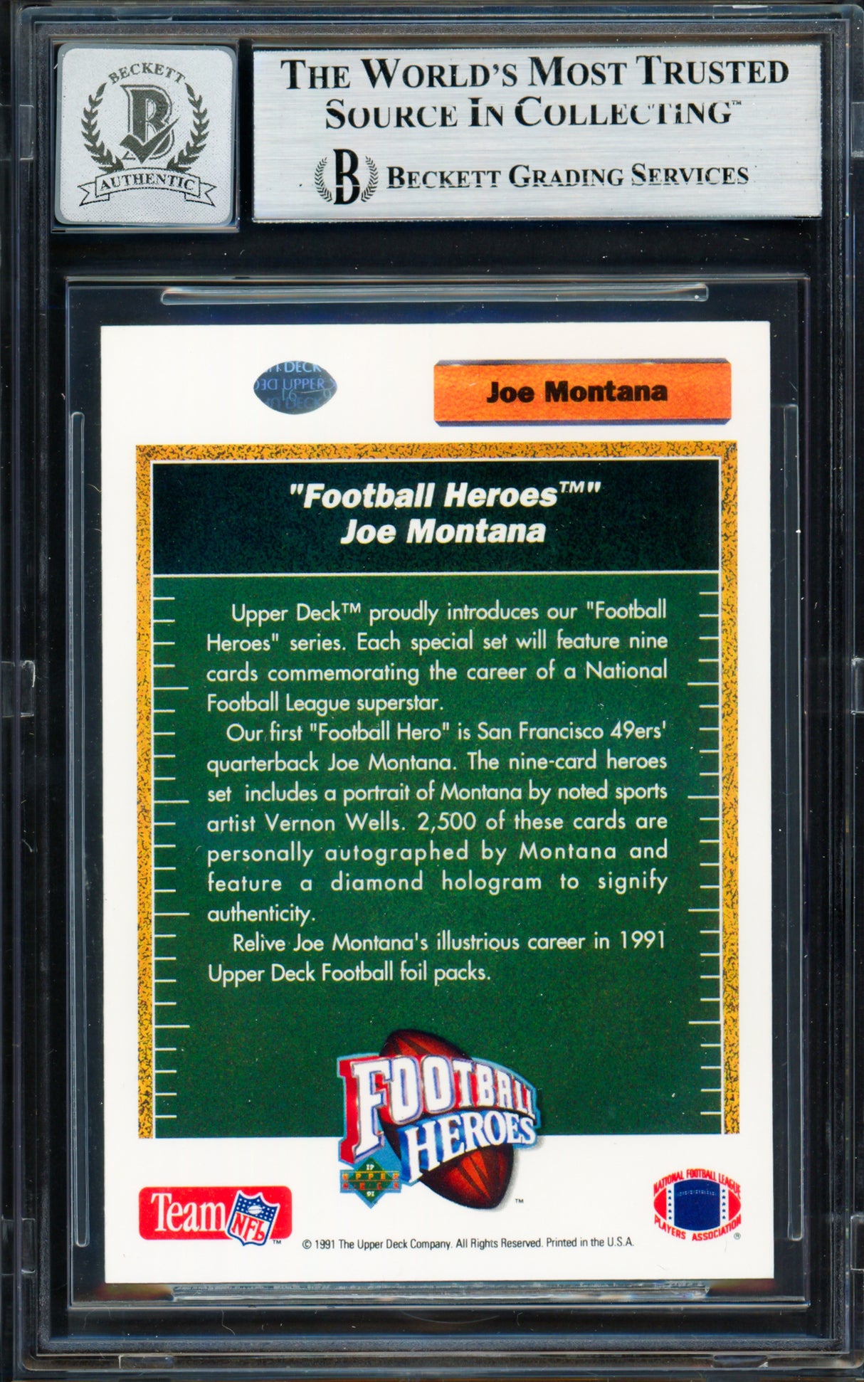 Joe Montana Autographed 1991 Upper Deck Heroes Card San Francisco 49ers Auto Grade Gem Mint 10 Beckett BAS #19663747