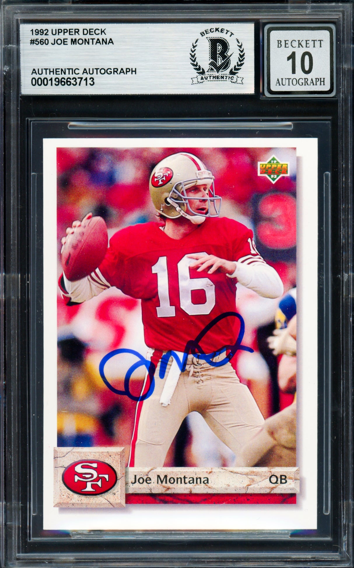 Joe Montana Autographed 1992 Upper Deck Card #560 San Francisco 49ers Auto Grade Gem Mint 10 Beckett BAS #19663713