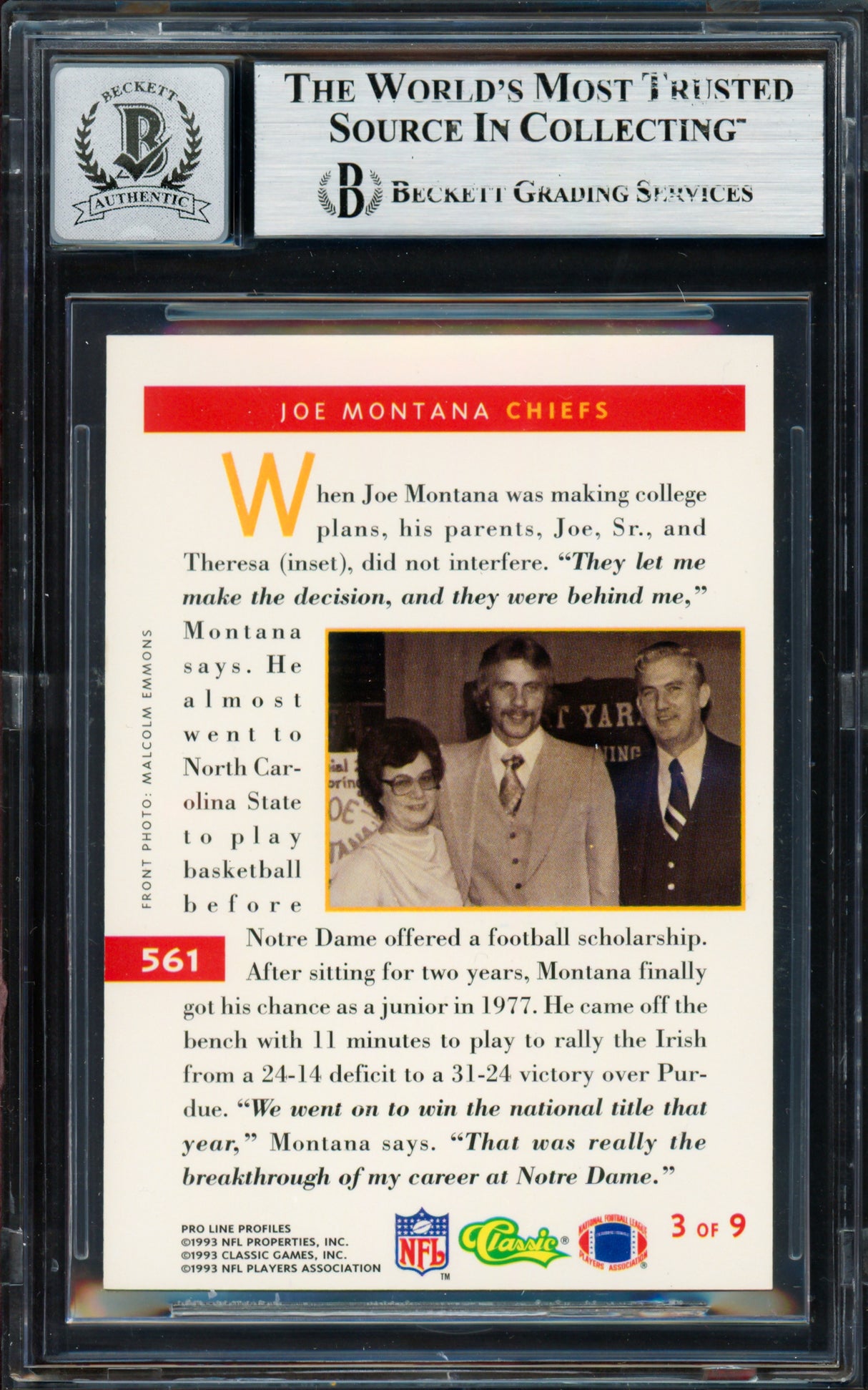 Joe Montana Autographed 1993 Proline Portraits Card #561 Notre Dame Auto Grade Gem Mint 10 Beckett BAS #19663723