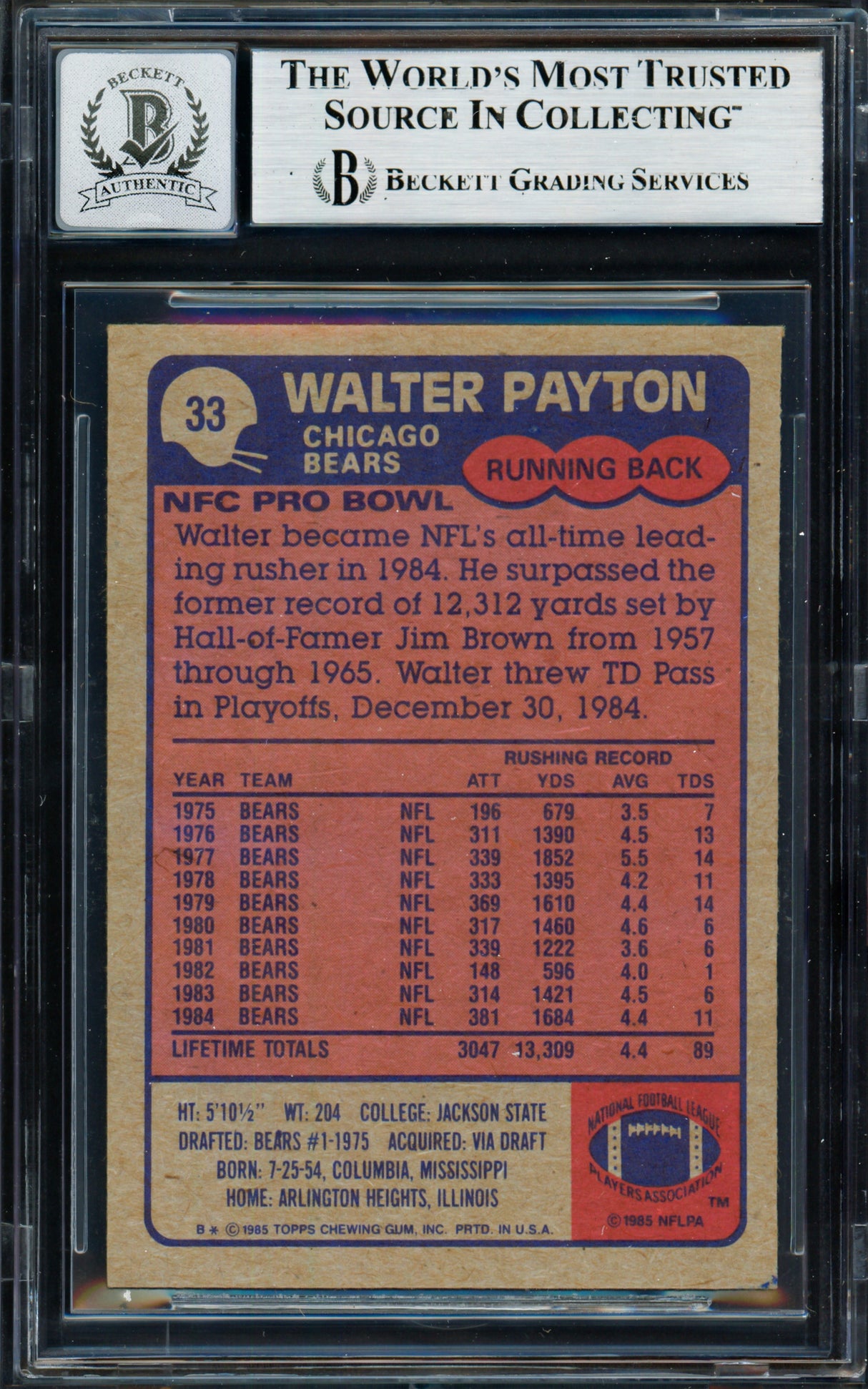 Walter Payton Autographed 1985 Topps Card #33 Chicago Bears Auto Grade Gem Mint 10 Beckett BAS #19663805