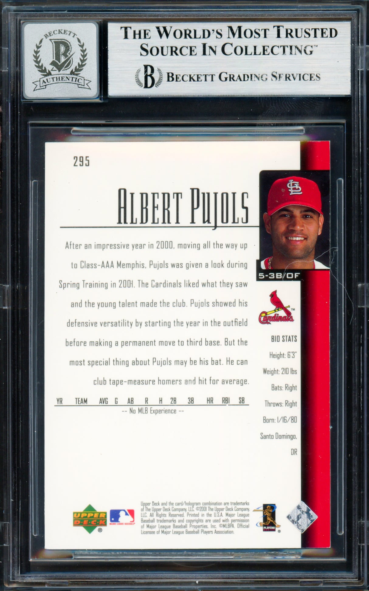 Albert Pujols Autographed 2001 Upper Deck Rookie Card #295 St. Louis Cardinals Auto Grade Gem Mint 10 Beckett BAS #19663807