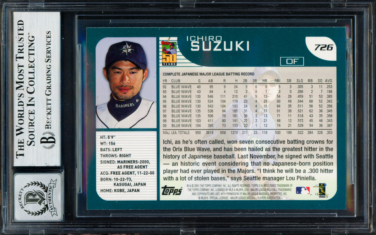Ichiro Suzuki Autographed 2001 Topps Rookie Card #726 Seattle Mariners Auto Grade Gem Mint 10 "HOF 25" Beckett BAS #19663949