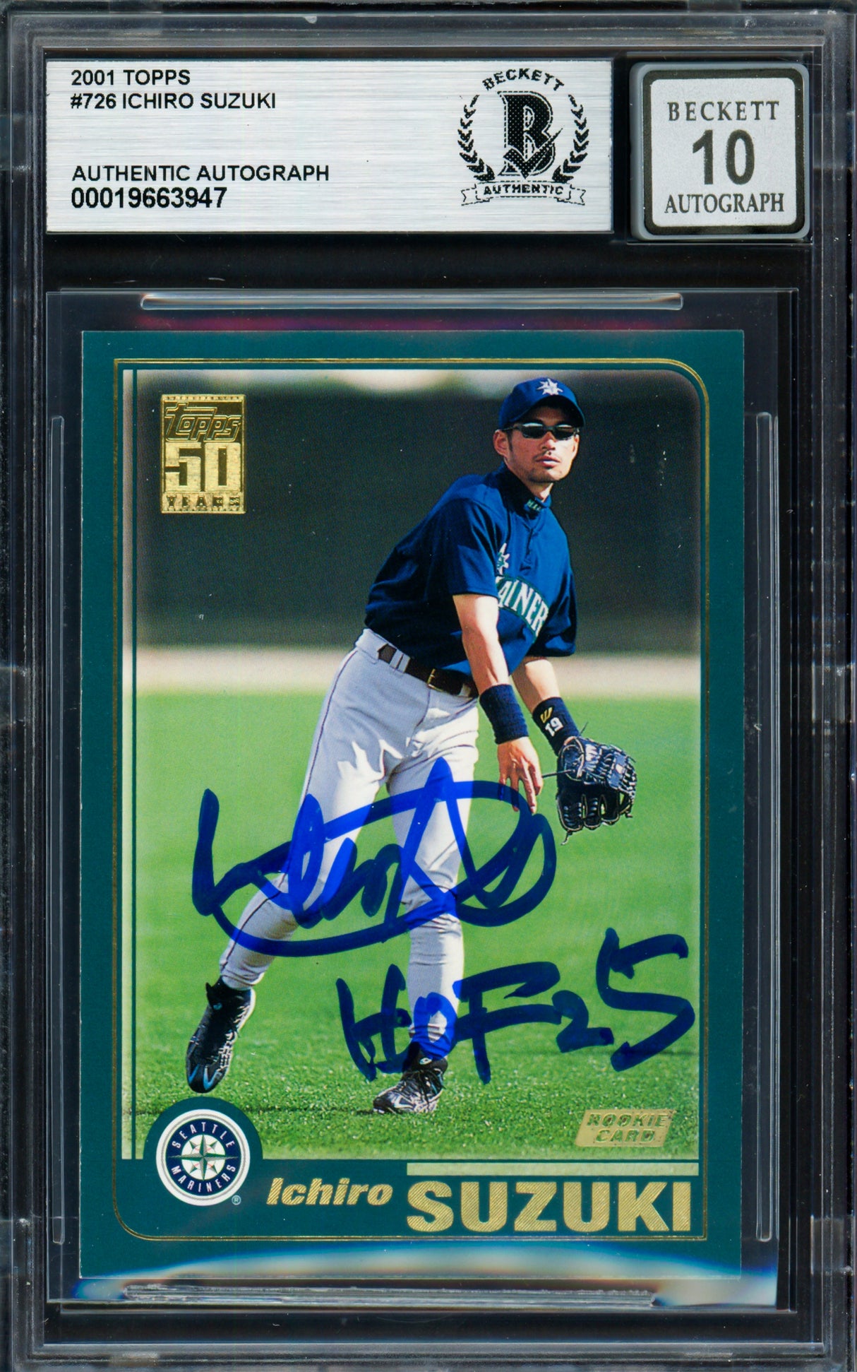 Ichiro Suzuki Autographed 2001 Topps Rookie Card #726 Seattle Mariners Auto Grade Gem Mint 10 "HOF 25" Beckett BAS #19663947