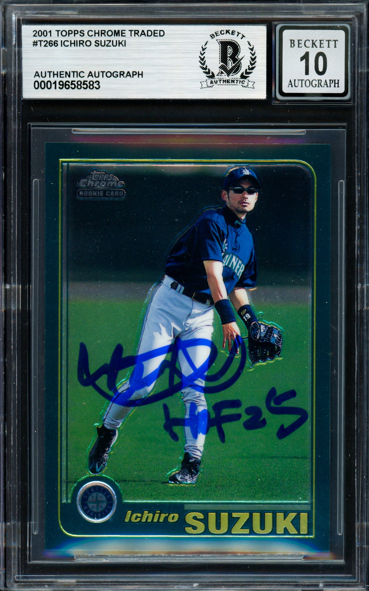 Ichiro Suzuki Autographed 2001 Topps Chrome Traded Rookie Card #T266 Seattle Mariners Auto Grade Gem Mint 10 "HOF 25" Beckett BAS #19658583