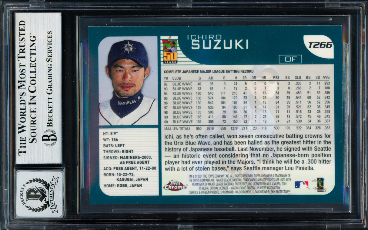 Ichiro Suzuki Autographed 2001 Topps Chrome Traded Rookie Card #T266 Seattle Mariners Auto Grade Gem Mint 10 "HOF 25" Beckett BAS #19658583