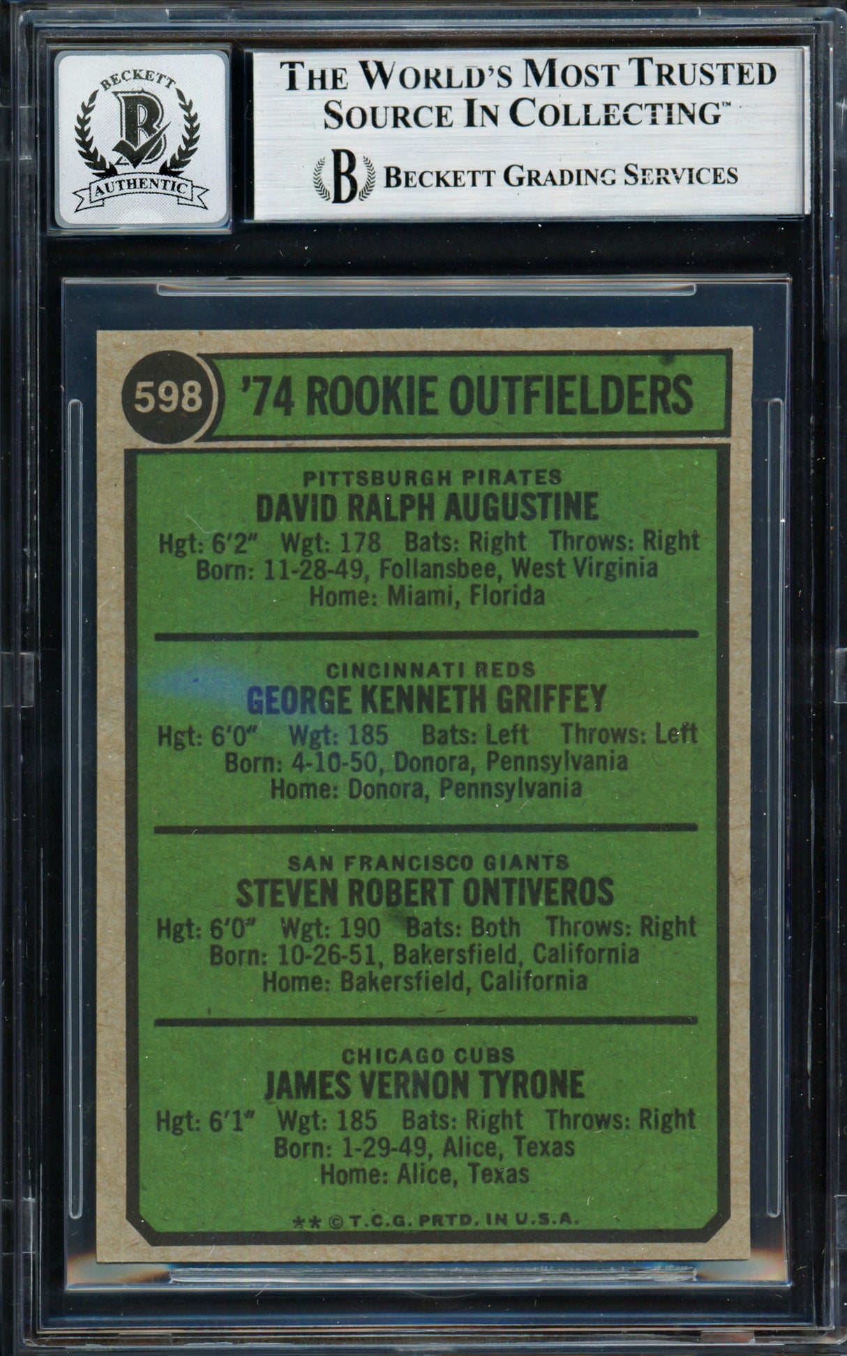 Ken Griffey Sr. Autographed 1974 Topps Rookie Card #598 Cincinnati Reds Auto Grade Gem Mint 10 Beckett BAS #18969297