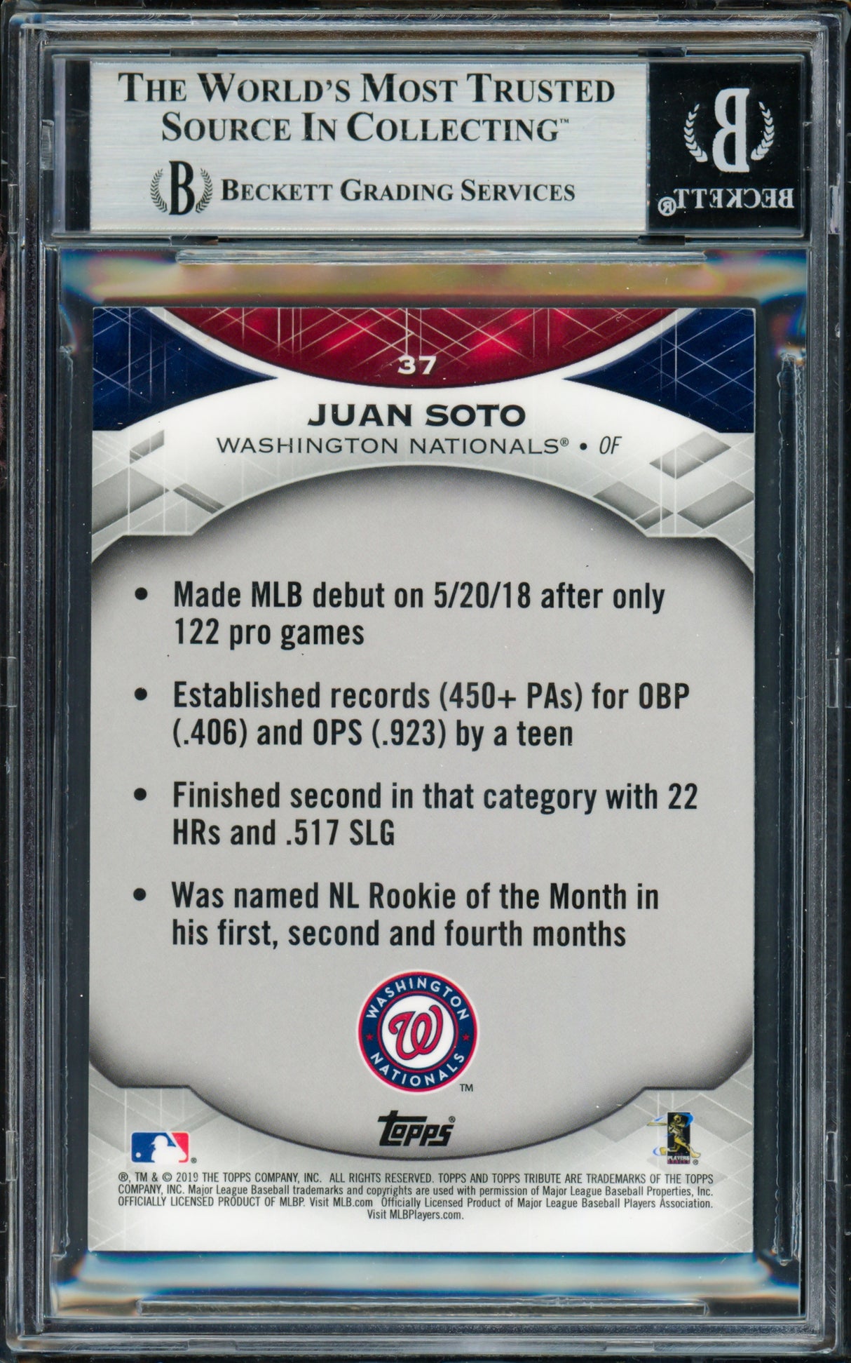 Juan Soto Autographed 2019 Topps Tribute Card #37 New York Mets Beckett BAS #18969281