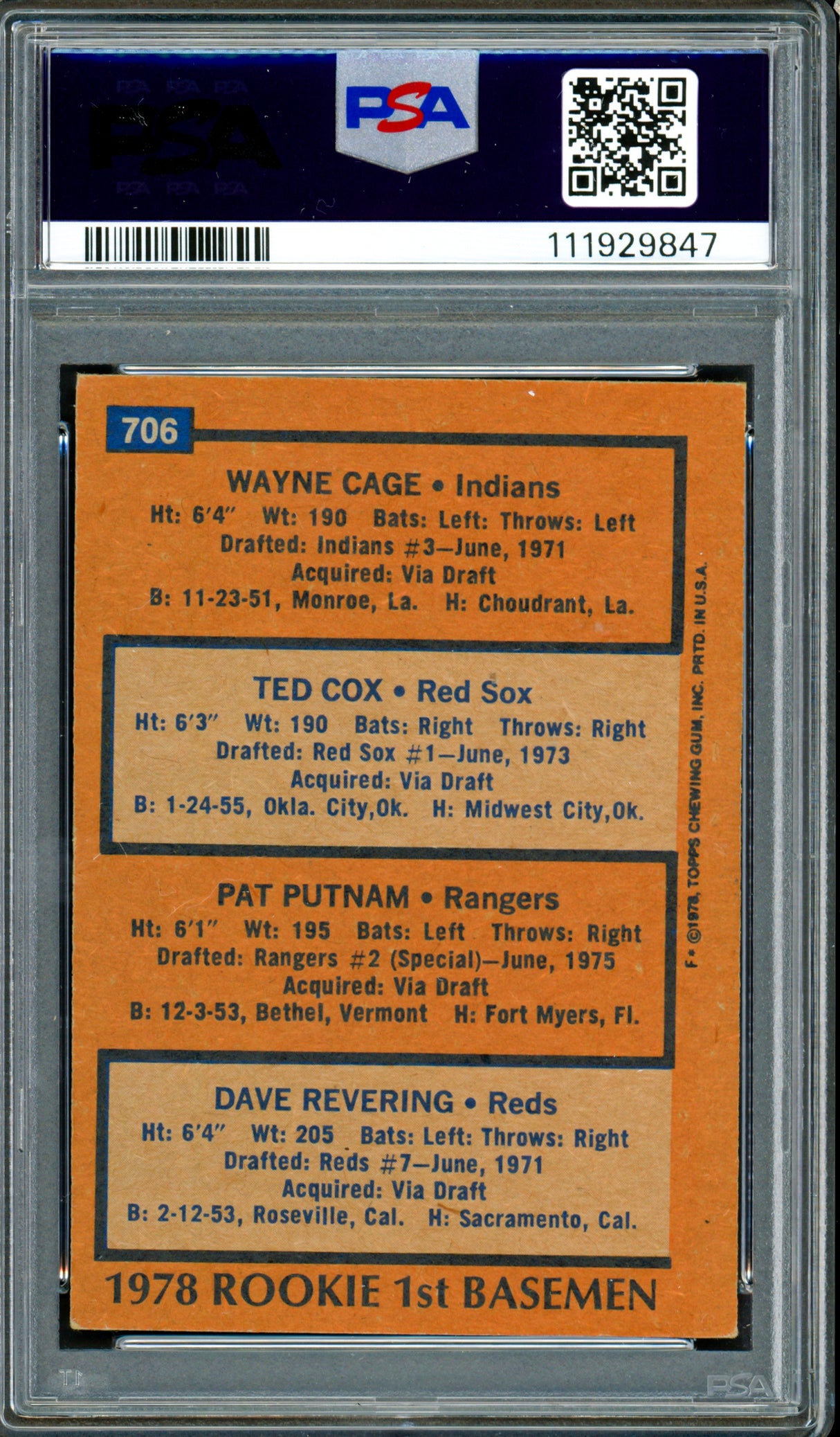 Wayne Cage, Ted Cox, Pat Puttnam & Dave Revering Autographed 1978 Topps Rookie Card #706 PSA/DNA #111929847