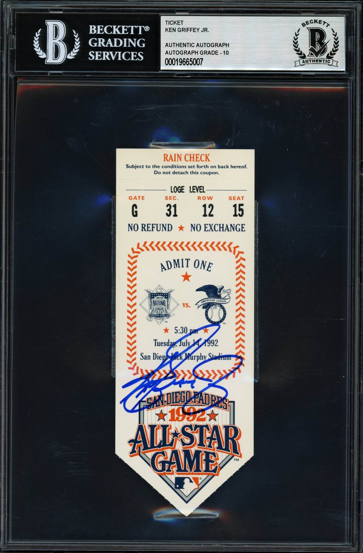 Ken Griffey Jr. Autographed 1992 All Star Game Ticket Seattle Mariners Auto Grade Gem Mint 10 MVP Beckett BAS #19665007