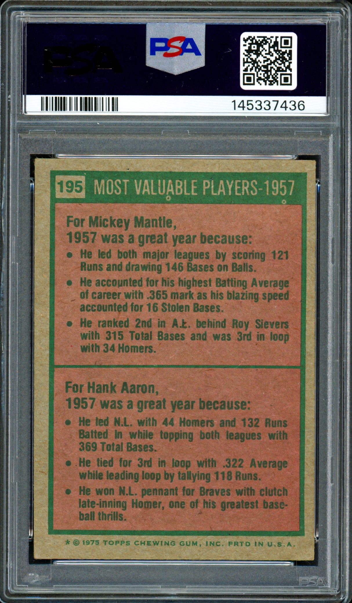 Mickey Mantle & Hank Aaron Autographed 1975 Topps Card #195 PSA 3 Auto Grade Near Mint/Mint 8 PSA/DNA #145337436