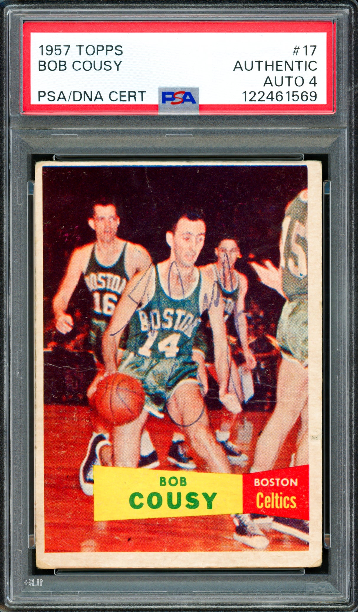 Bob Cousy Autographed 1957-58 Topps Rookie Card #17 Boston Celtics Auto Grade 4 PSA/DNA #122461569