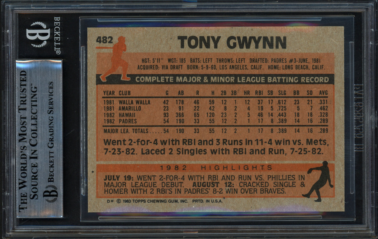 Tony Gwynn Autographed 1983 Topps Rookie Card #482 San Diego Padres (Aftermarket Sticker) Beckett BAS Stock #262301