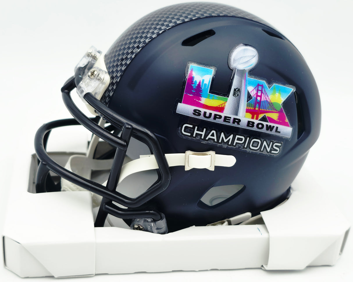 Sam Darnold Autographed Seattle Seahawks Blue Super Bowl LX Champions Logo Speed Mini Helmet (Smudged) Beckett BAS Witness #4W539914
