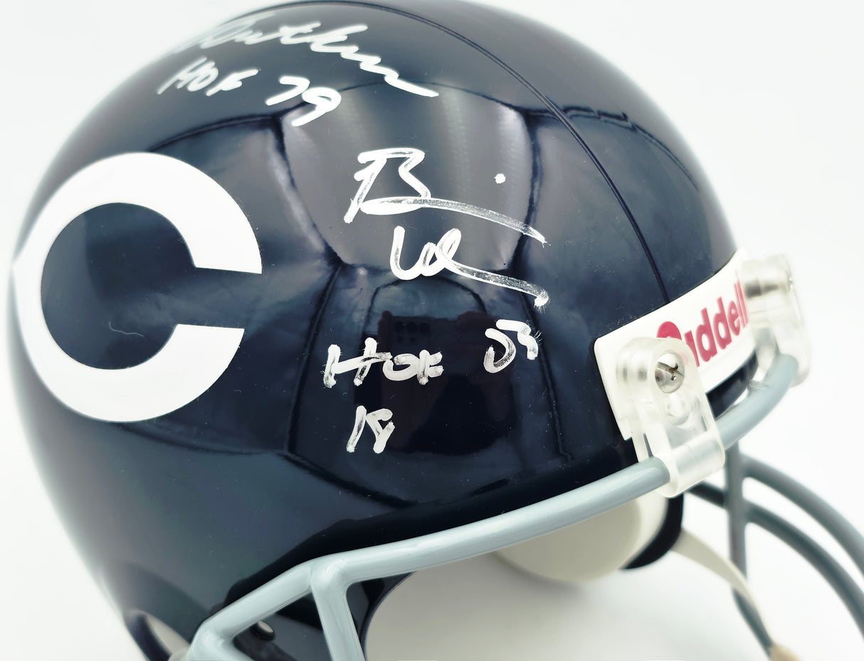 Dick Butkus, Mike Singletary and Brian Urlacher Autographed Chicago Bears Blue Full Size Replica Helmet "HOF" #4/500 Beckett BAS #G05450