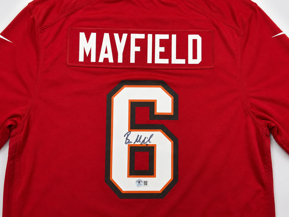 Tampa Bay Buccaneers Baker Mayfield Autographed Red Nike Jersey Size L Beckett BAS Witness #1W638423