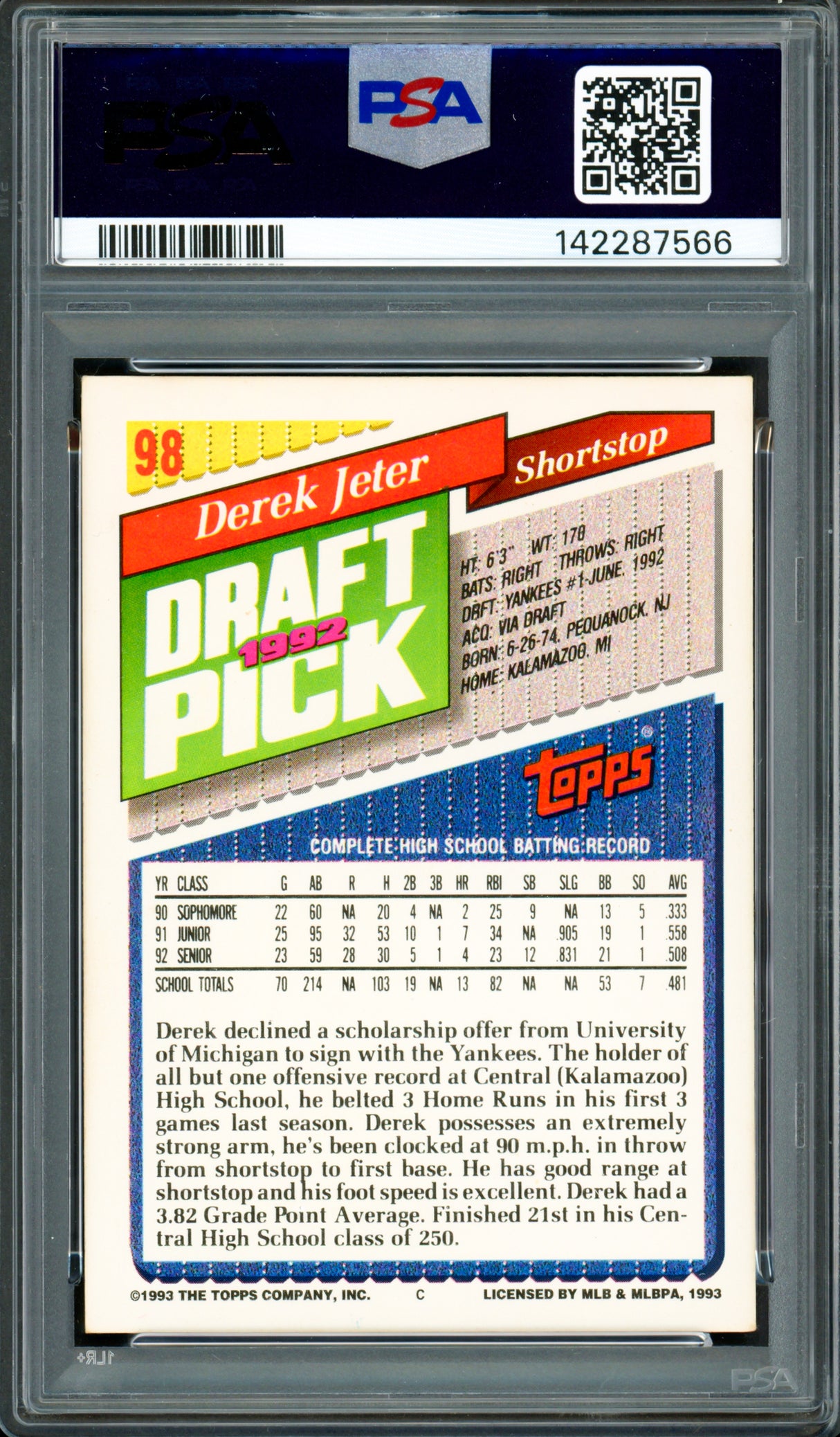 Derek Jeter Autographed 1993 Topps Rookie Card #98 New York Yankees Auto Grade Gem Mint 10 PSA/DNA #142287566