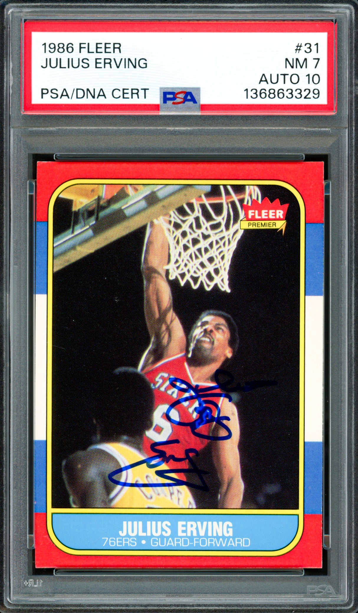 Julius Dr. J Erving Autographed 1986-87 Fleer Card #31 Philadelphia 76ers PSA 7 Auto Grade Gem Mint 10 PSA/DNA #136863329