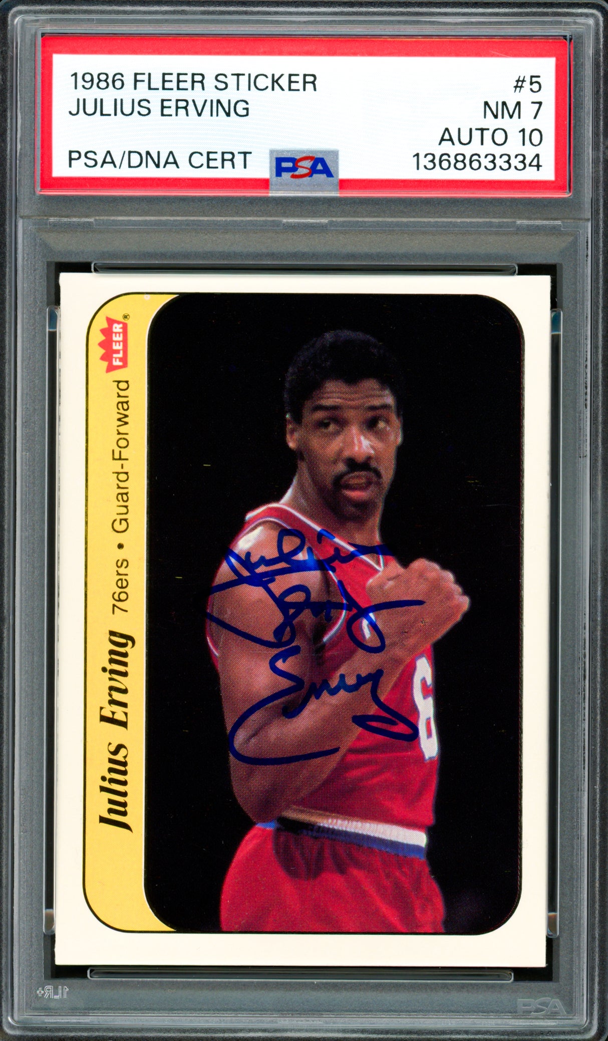 Julius Dr. J Erving Autographed 1986-87 Fleer Sticker Card #5 Philadelphia 76ers PSA 7 Auto Grade Gem Mint 10 PSA/DNA #136863334