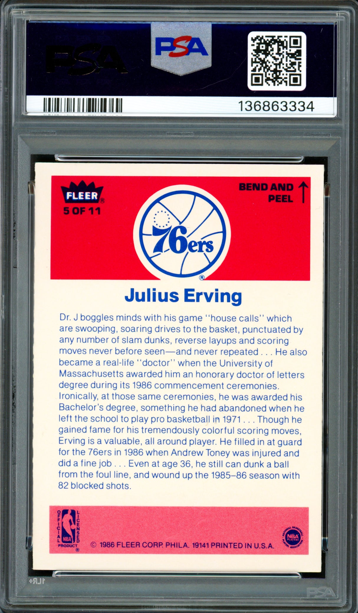 Julius Dr. J Erving Autographed 1986-87 Fleer Sticker Card #5 Philadelphia 76ers PSA 7 Auto Grade Gem Mint 10 PSA/DNA #136863334