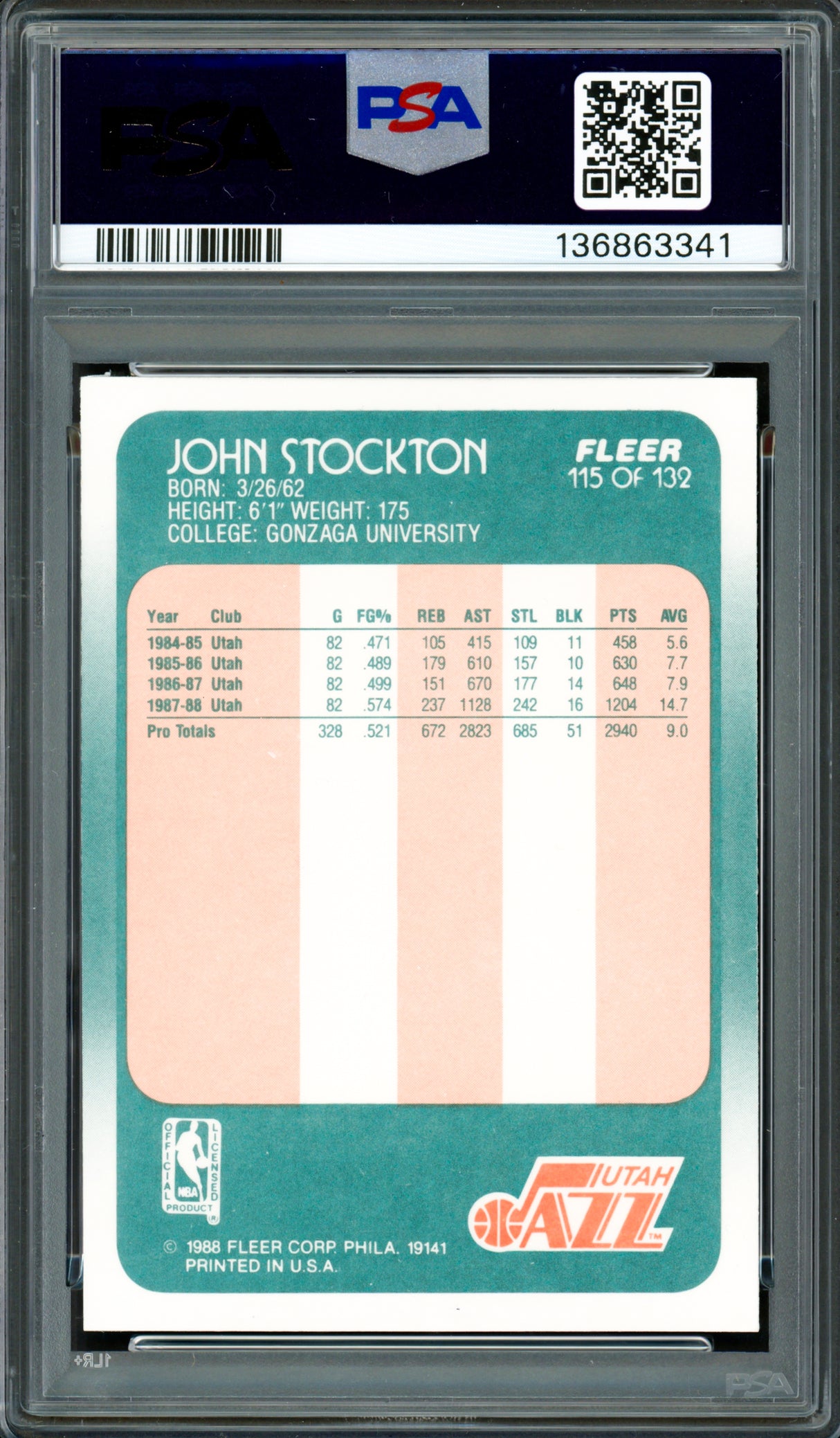 John Stockton Autographed 1988-89 Fleer Rookie Card #115 Utah Jazz PSA 7 Auto Grade Gem Mint 10 PSA/DNA #136863341