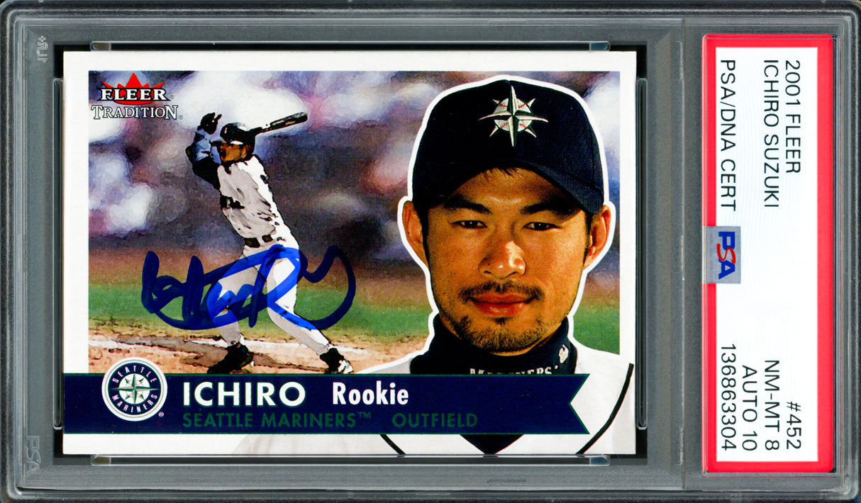Ichiro Suzuki Autographed 2001 Fleer Tradition Rookie Card #452 Seattle Mariners PSA 8 Auto Grade Gem Mint 10 PSA/DNA #136863304