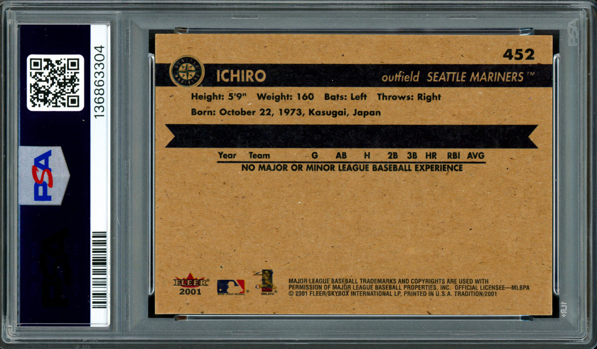 Ichiro Suzuki Autographed 2001 Fleer Tradition Rookie Card #452 Seattle Mariners PSA 8 Auto Grade Gem Mint 10 PSA/DNA #136863304