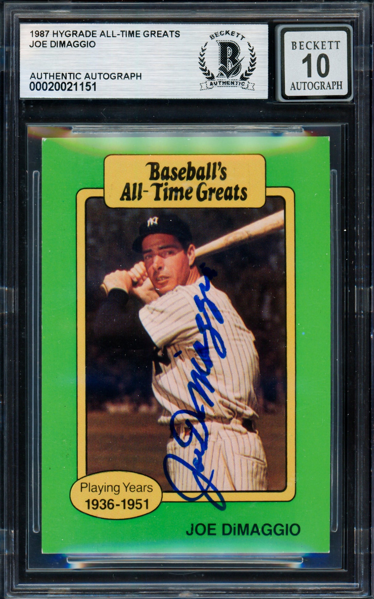 Joe DiMaggio Autographed 1987 Hygrade All-Time Greats Card New York Yankees Auto Grade Gem Mint 10 Beckett BAS #20021151