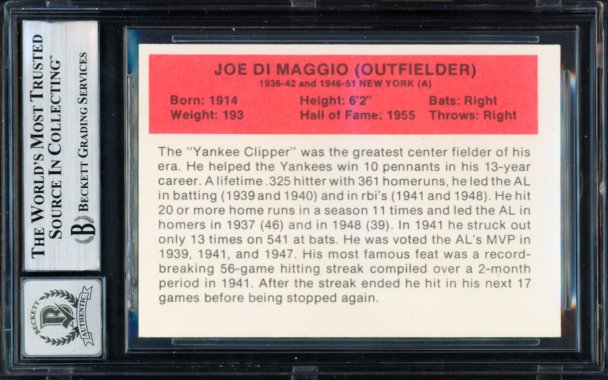 Joe DiMaggio Autographed 1987 Hygrade All-Time Greats Card New York Yankees Auto Grade Gem Mint 10 Beckett BAS #20021151