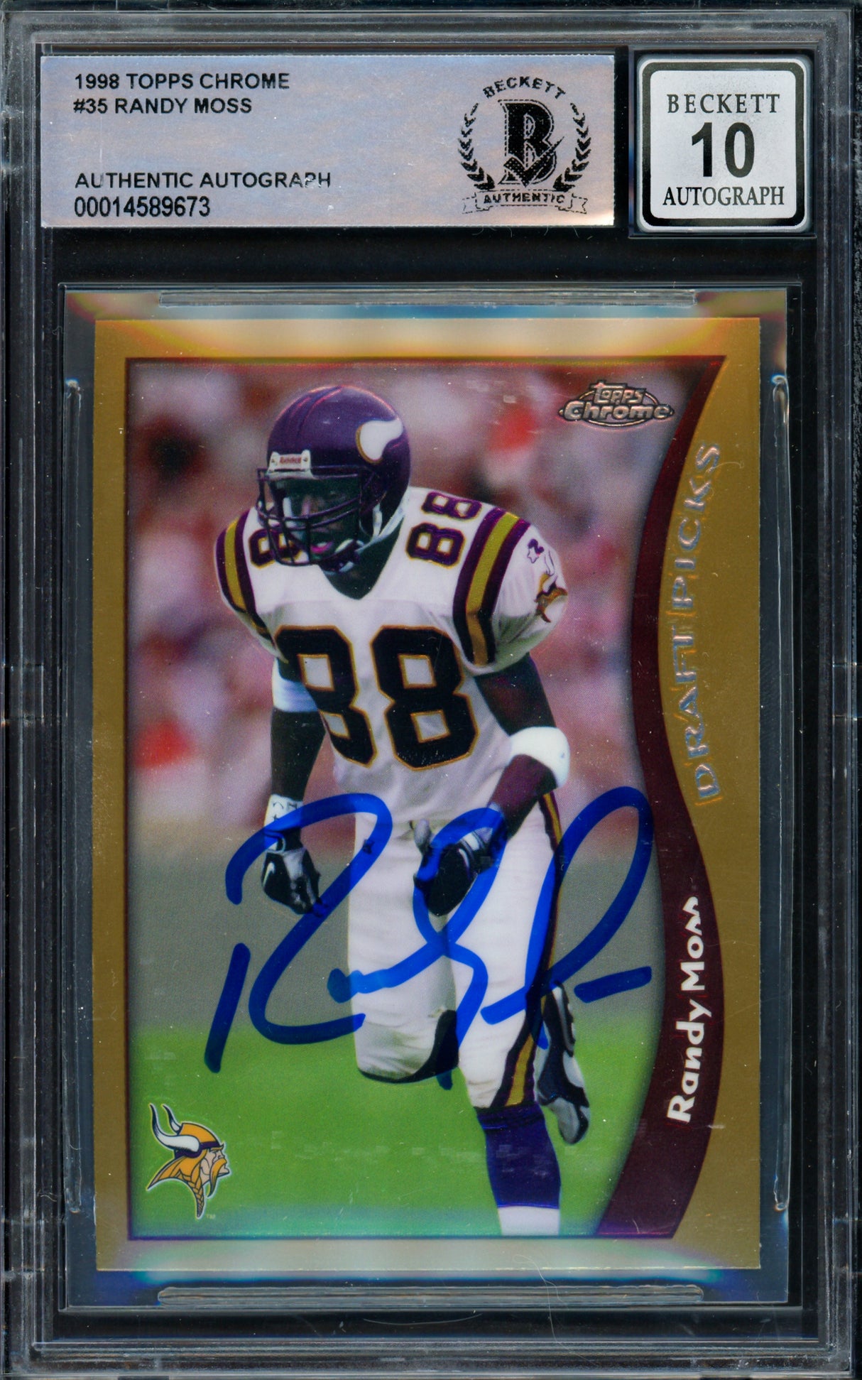 Randy Moss Autographed 1998 Topps Chrome Rookie Card #35 Minnesota Vikings Auto Grade Gem Mint 10 Beckett BAS #14589673