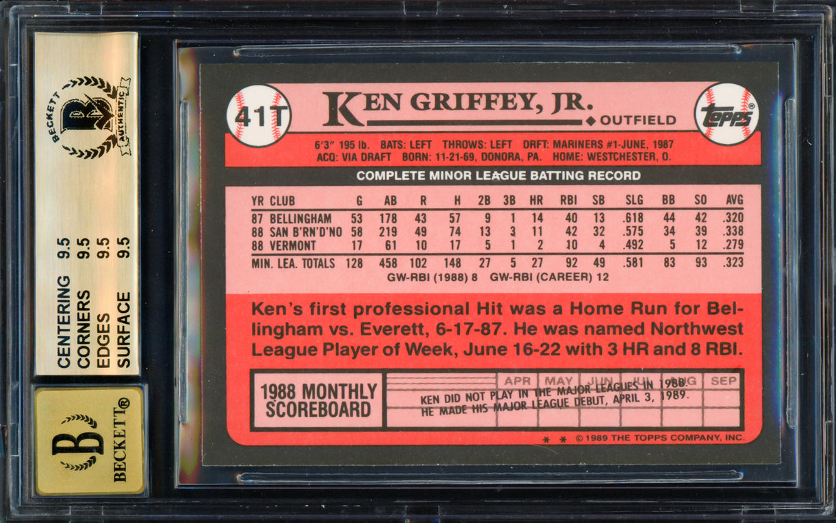 Ken Griffey Jr. Autographed 1989 Topps Traded Rookie Card #41T Seattle Mariners BGS 9.5 Auto Grade Gem Mint 10 Beckett BAS #14727343