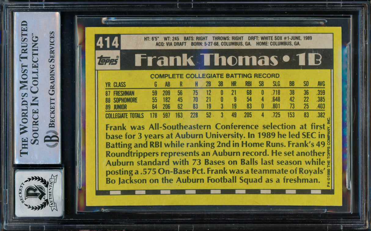 Frank Thomas Autographed 1990 Topps Rookie Card #414B Chicago White Sox Auto Grade Gem Mint 10 Beckett BAS #15870229