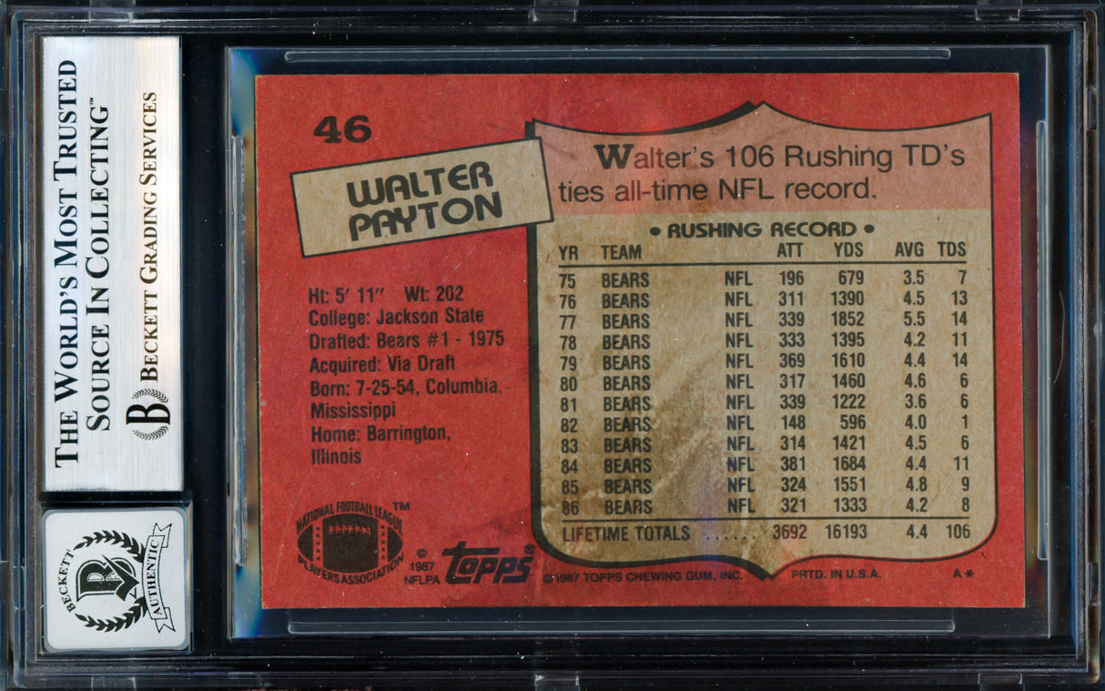 Walter Payton Autographed 1987 Topps Card #46 Chicago Bears Auto Grade Gem Mint 10 Beckett BAS #19823368