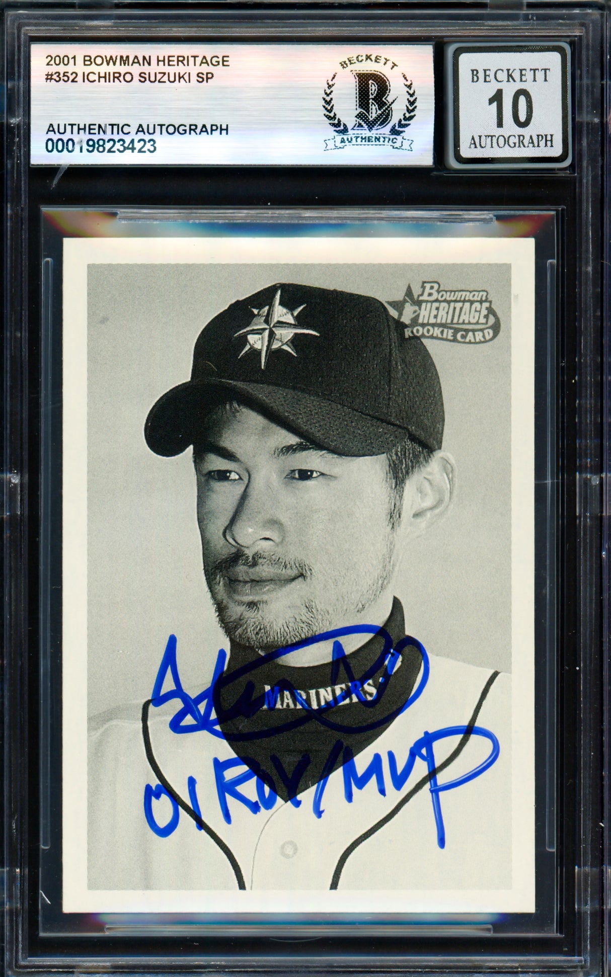 Ichiro Suzuki Autographed 2001 Bowman Heritage Rookie Card #352 Seattle Mariners Auto Grade Gem Mint 10 "01 ROY/MVP" Beckett BAS #19823423