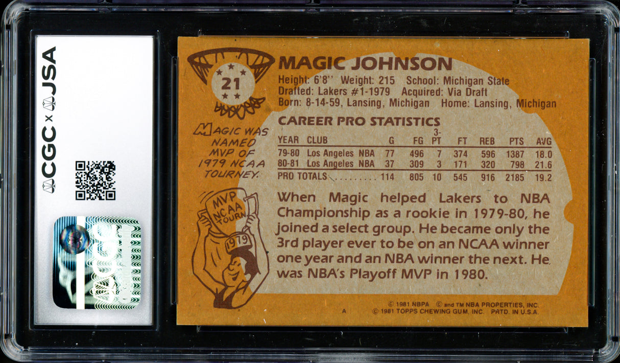 Magic Johnson Autographed 1981-82 Topps Card #21 Los Angeles Lakers Auto Grade Gem Mint 10 CGC x JSA #6131791013