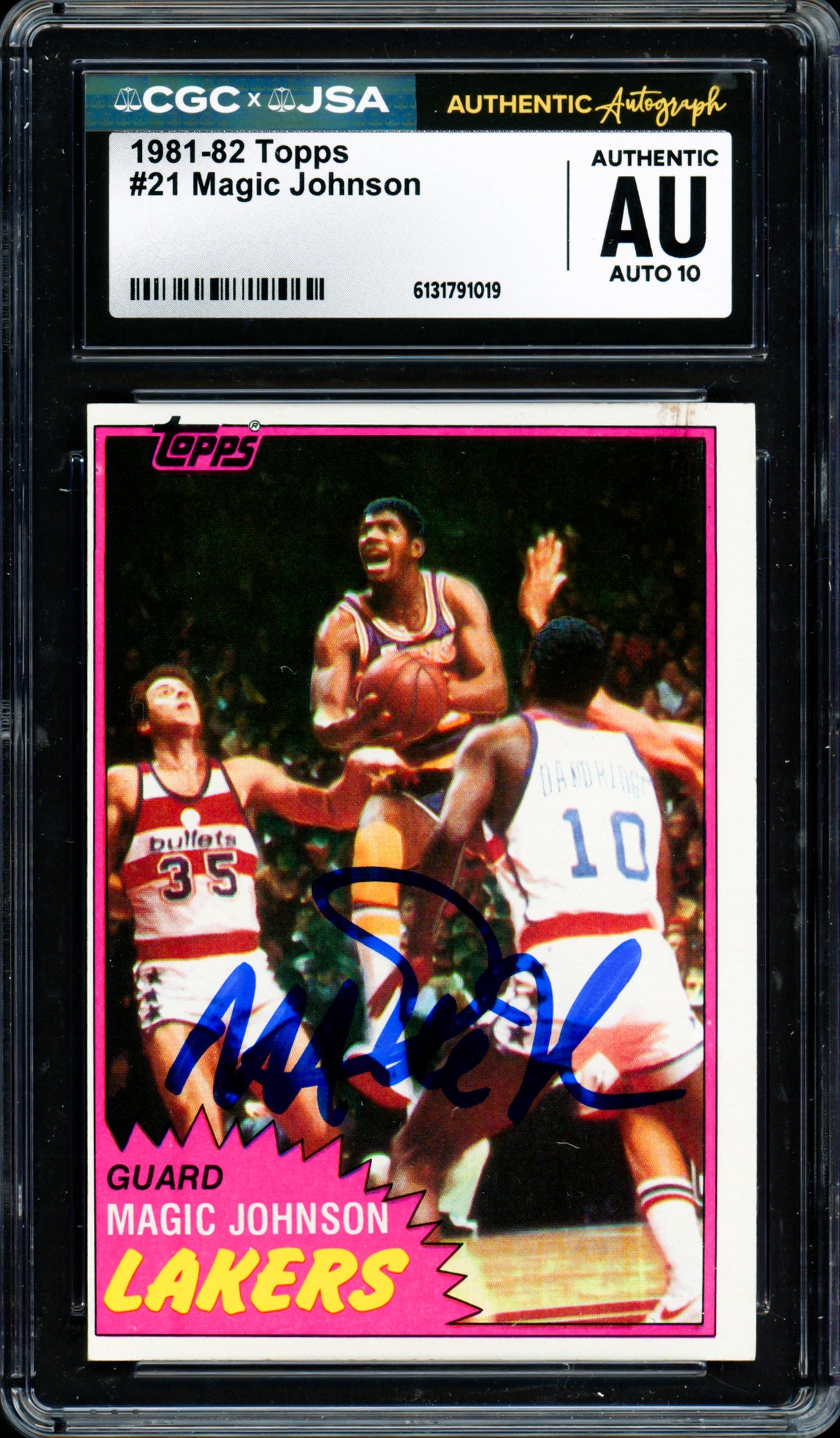 Magic Johnson Autographed 1981-82 Topps Card #21 Los Angeles Lakers Auto Grade Gem Mint 10 (Off-Center) CGC x JSA #6131791019