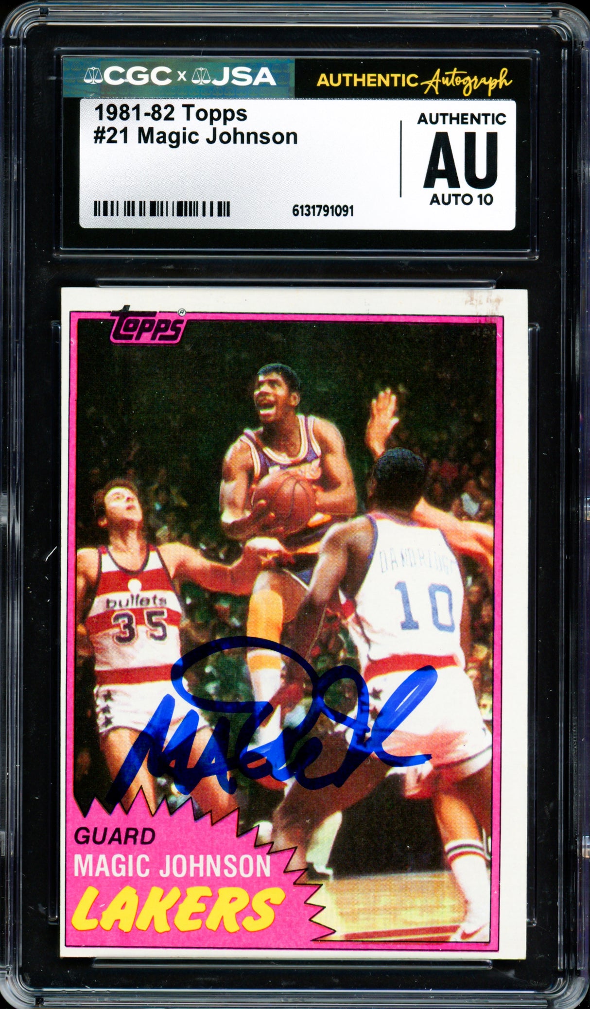 Magic Johnson Autographed 1981-82 Topps Card #21 Los Angeles Lakers Auto Grade Gem Mint 10 (Off-Center) CGC x JSA #6131791091