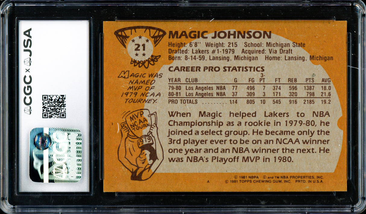 Magic Johnson Autographed 1981-82 Topps Card #21 Los Angeles Lakers (Off-Center) (Smudged) CGC x JSA #6131791154