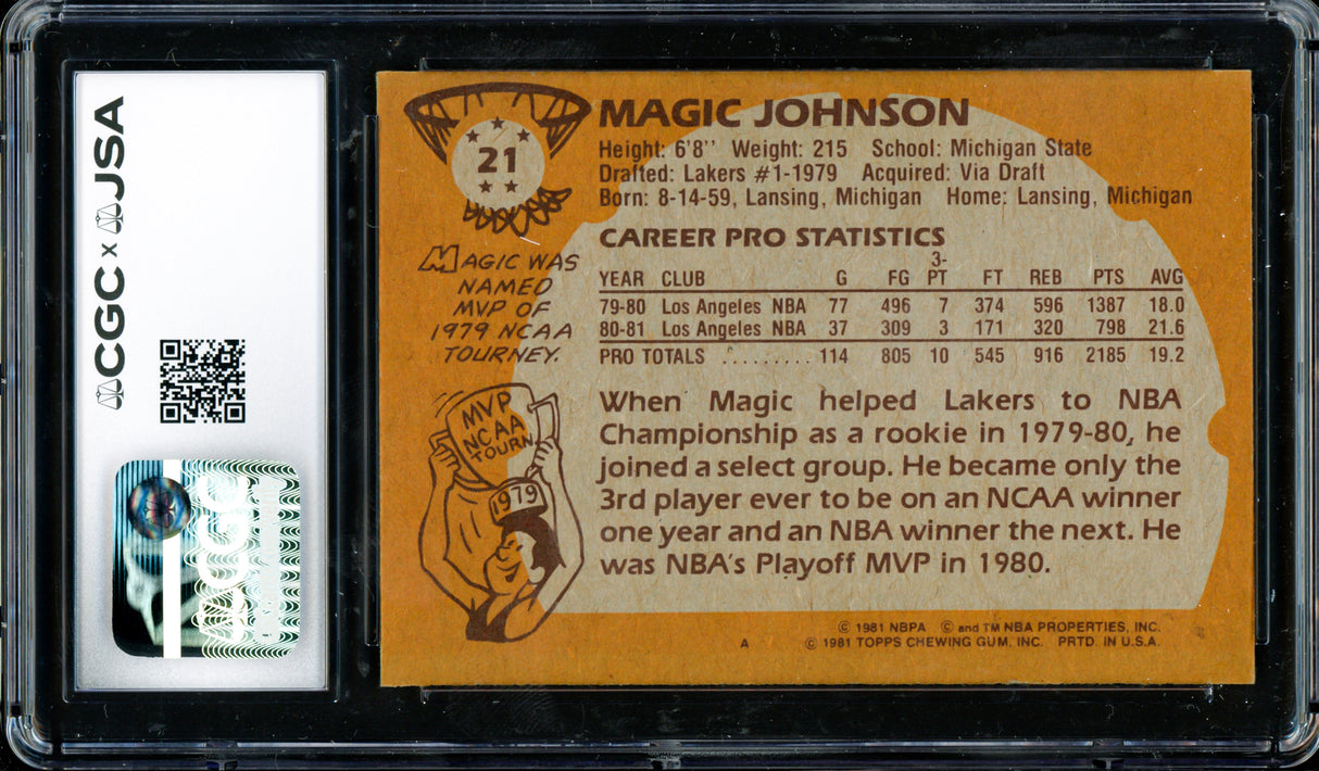 Magic Johnson Autographed 1981-82 Topps Card #21 Los Angeles Lakers (Off-Center) (Smudged) CGC x JSA #6131791104