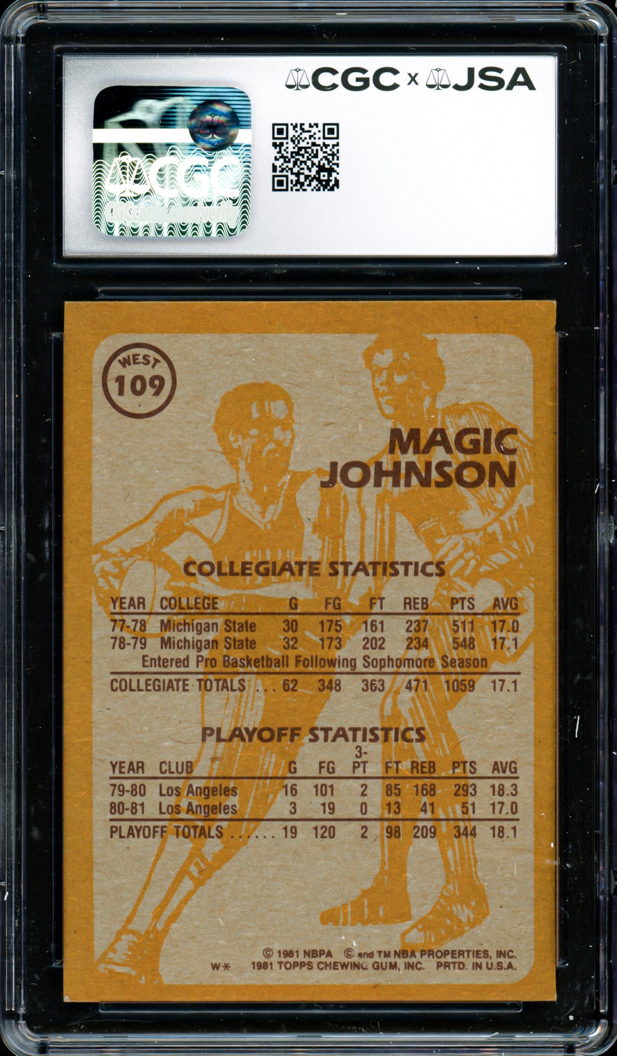 Magic Johnson Autographed 1981-82 Topps Card #109 Los Angeles Lakers CGC x JSA #6131791059