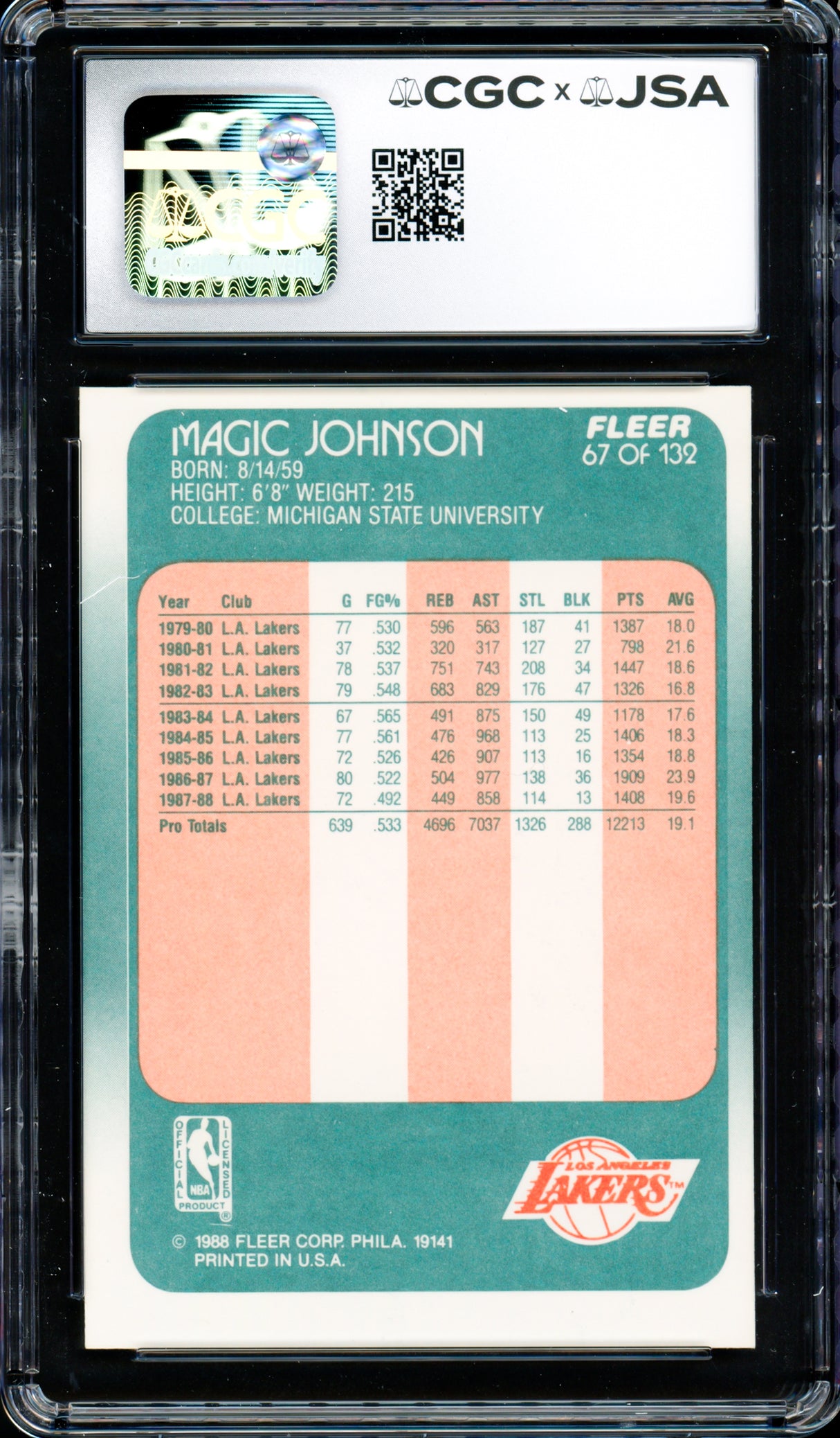 Magic Johnson Autographed 1988-89 Fleer Card #67 Los Angeles Lakers Auto Grade Gem Mint 10 CGC x JSA #6131791182