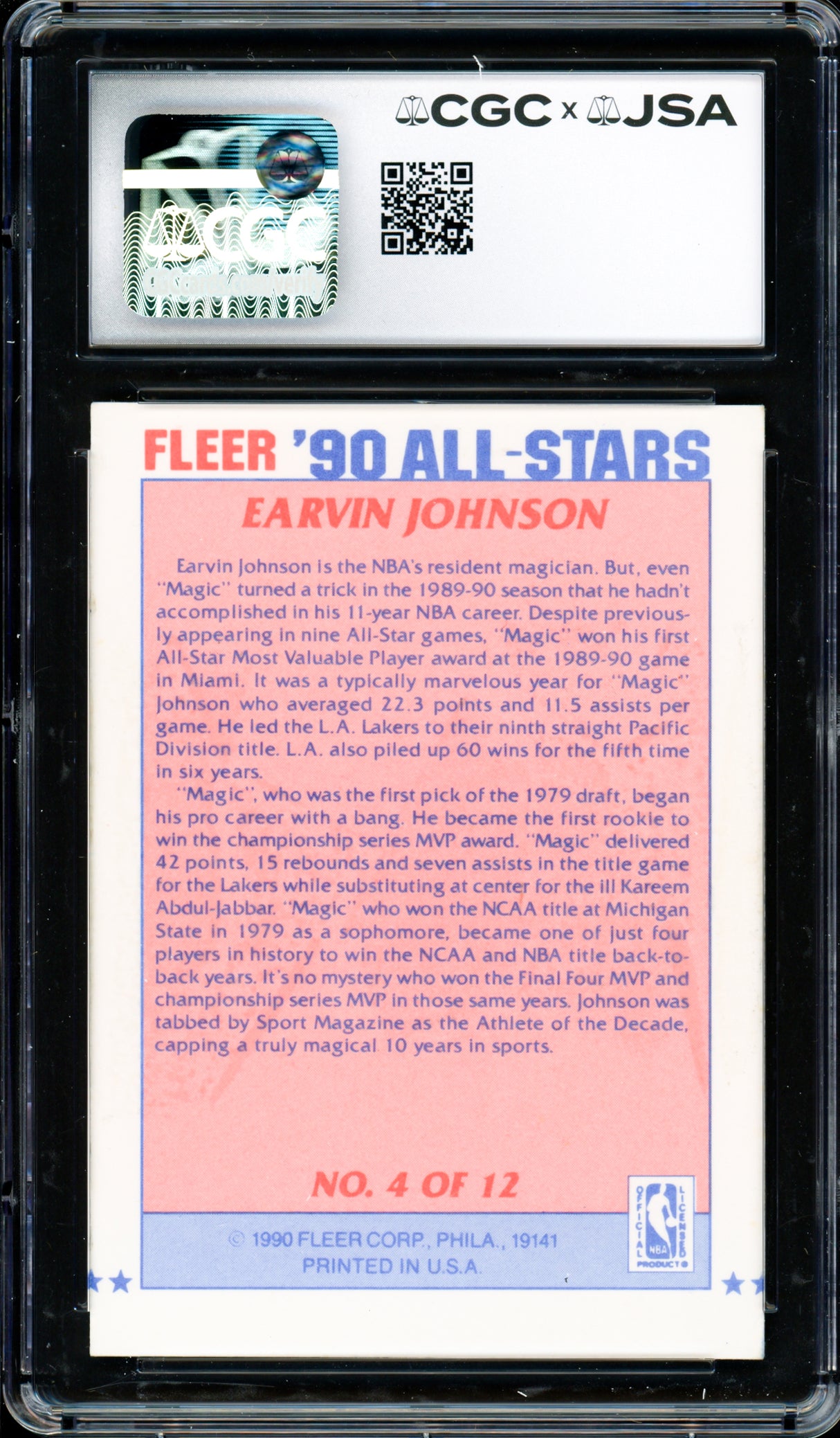 Magic Johnson Autographed 1990-91 Fleer Sticker Card #4 Los Angeles Lakers Auto Grade Gem Mint 10 CGC x JSA #6131791208