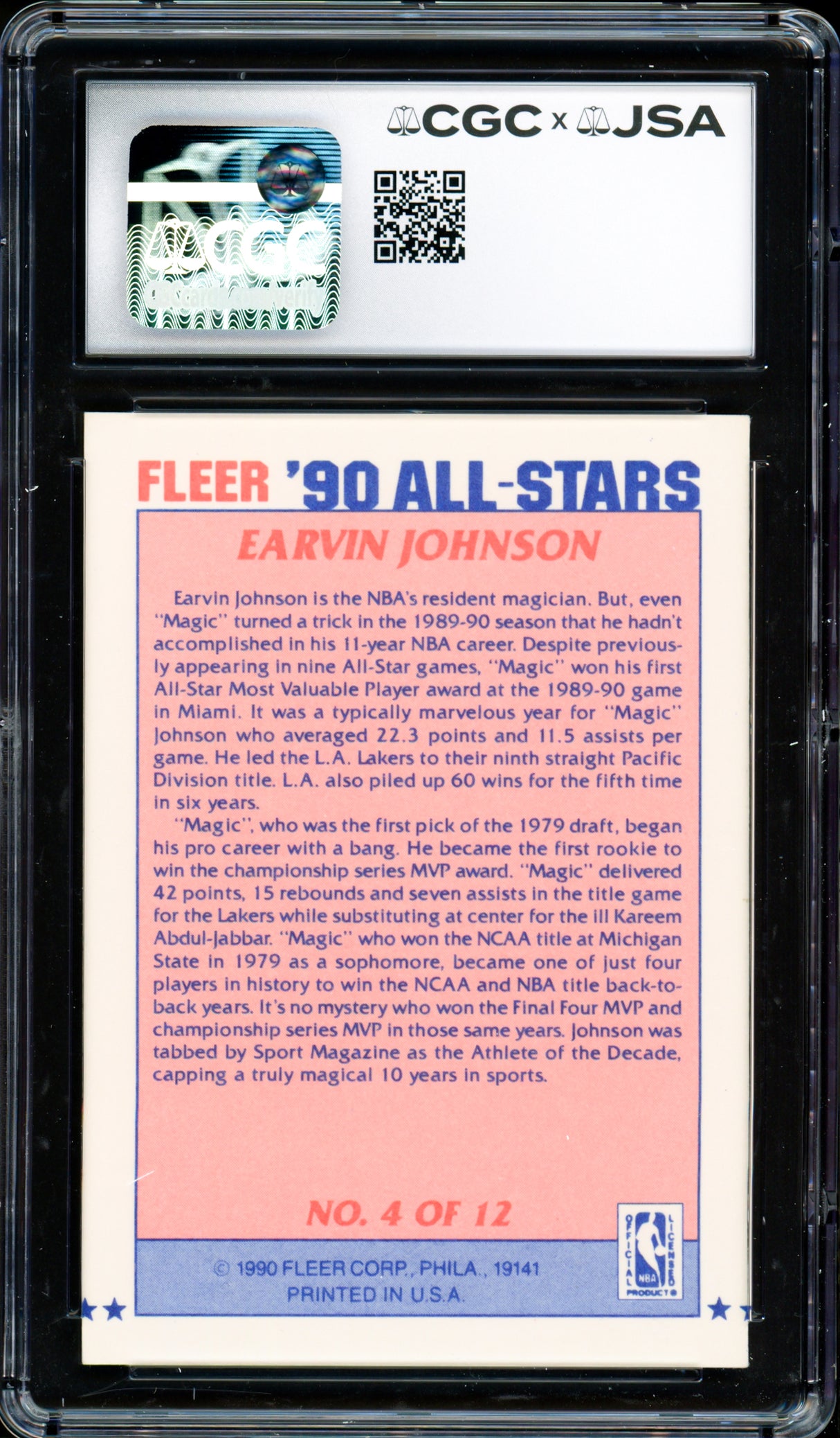 Magic Johnson Autographed 1990-91 Fleer Sticker Card #4 Los Angeles Lakers Auto Grade Gem Mint 10 CGC x JSA #6131791209